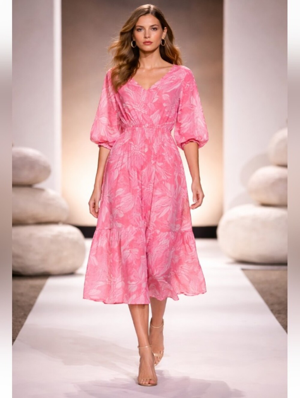 Pink Floral V-Neck Midi Dress